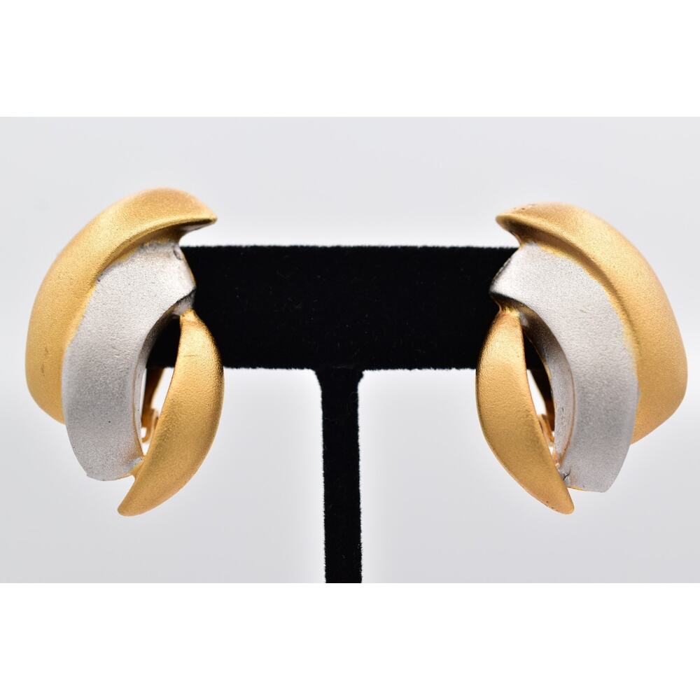 Lee Wolfe Vintage Clip On Earrings Brushed Gold Silver Satin Chunky Signed BinAV